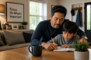 An father sits beside his young son at a dining table in a warm, modern home, helping with homework while their smartphones remain set aside. A framed wall print reading "Focus On What's Important" reinforces the value of being present, reducing screen time, and prioritizing meaningful family connections over constant phone use.