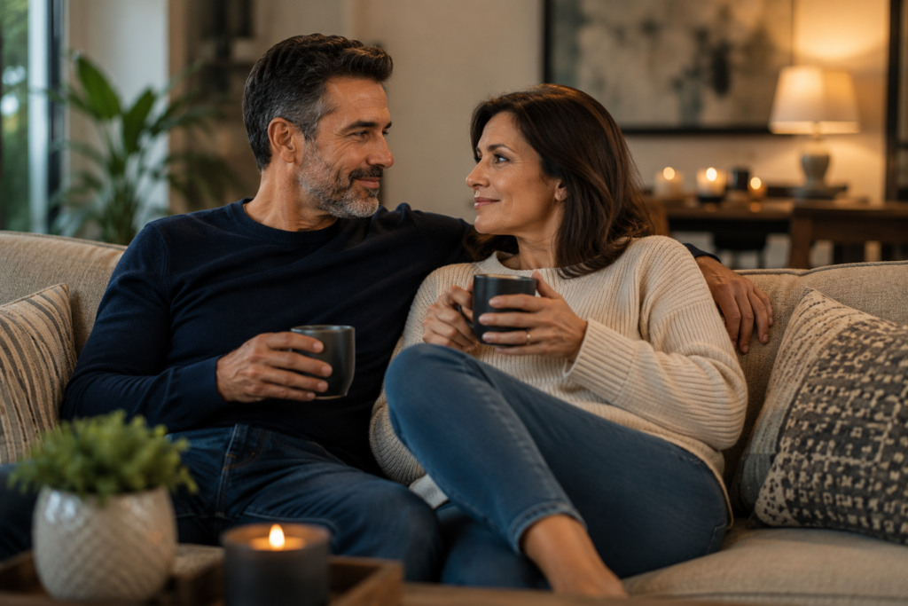A middle-aged married couple relaxes together on a comfortable living room sofa, smiling warmly as they enjoy coffee and meaningful conversation. The husband has his arm around his wife as they make eye contact, reflecting emotional closeness, renewed connection, and the joy of spending quality time together after their children have grown older. The cozy home setting and soft evening light create a peaceful, intimate atmosphere that symbolizes a strong and lasting marriage