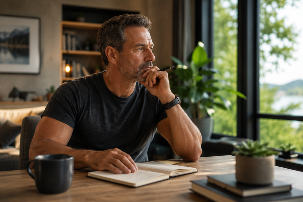 A middle-aged man sits at a clean desk in a bright, modern home office, looking thoughtfully out a large window with a notebook open in front of him. The calm, distraction-free workspace reflects mental clarity, renewed focus, and the intentional habits that help improve attention and productivity after 40.