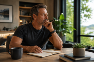 A middle-aged man sits at a clean desk in a bright, modern home office, looking thoughtfully out a large window with a notebook open in front of him. The calm, distraction-free workspace reflects mental clarity, renewed focus, and the intentional habits that help improve attention and productivity after 40.