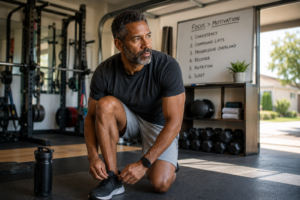 A fit Black man in his 40s kneels in a bright home gym while tying his training shoes before a strength workout. Surrounded by free weights, a squat rack, and exercise equipment, he prepares with focus and intention, representing a safe, disciplined approach to building muscle and improving health after 40.