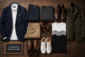A flat lay of timeless men's wardrobe essentials arranged on a wooden surface, including a navy blazer, white button-down shirt, dark jeans, chinos, leather boots, field jacket, plain T-shirts, leather belts, dress shoes, sneakers, and a classic wristwatch. The collection represents a versatile, high-quality capsule wardrobe designed for men over 40 who value fit, style, and timeless essentials over fast fashion and trends.