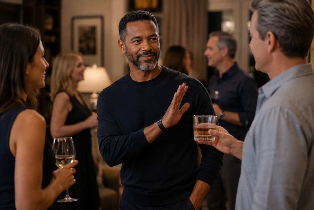 A confident man in his 40s politely declines an offered drink while socializing with friends at an evening gathering. His calm, respectful response reflects healthy boundaries, protecting personal priorities, and the confidence to say no without guilt.