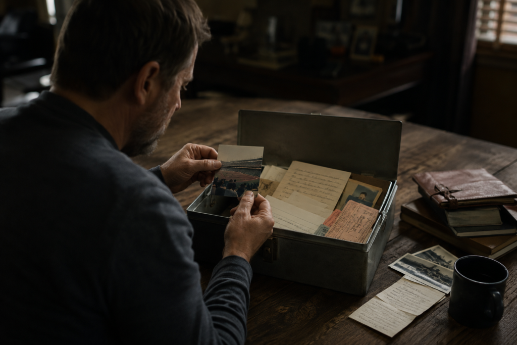 A middle-aged man looks through a metal keepsake box filled with old photographs, handwritten notes, letters, and memorabilia at a wooden table