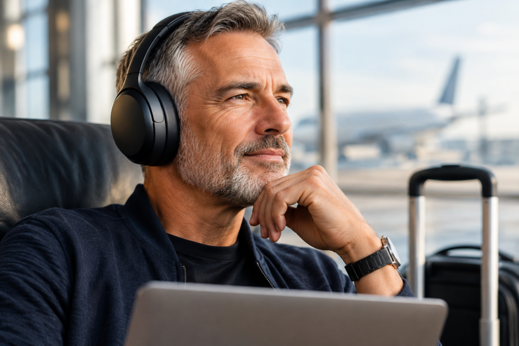 A mature man wearing over-ear headphones sits in an airport lounge with a laptop and luggage nearby.