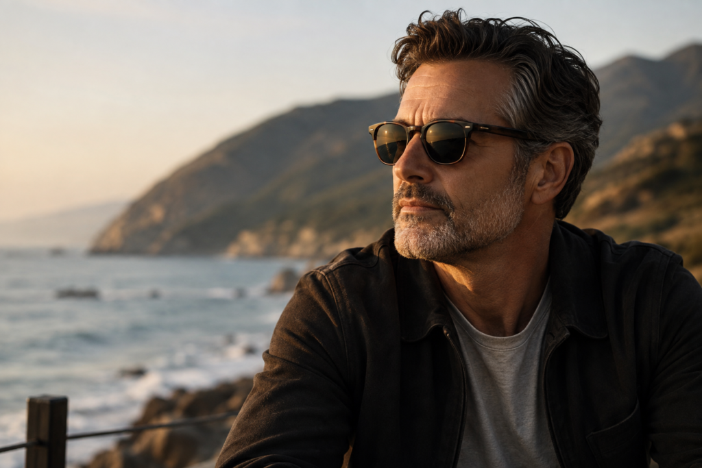 image of a middle-aged man with salt-and-pepper hair and a short gray beard wearing dark sunglasses, looking off into the distance by a rocky ocean coastline at sunset, with mountains and soft waves in the background.