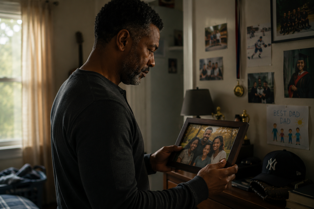 A middle-aged father stands in his child’s softly lit bedroom, holding and gazing at a framed family photo. The room is filled with personal touches—pictures on the wall, a “Best Dad” drawing, a medal, and a baseball cap—quiet reminders of the child who has just left for college. His expression is re