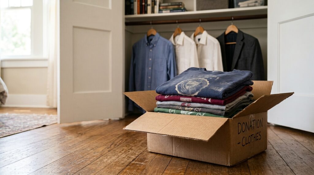 Folded, faded college T-shirts stacked in an open cardboard box labeled "Donation – Clothes," with a tidy closet of button-downs and a blazer hanging in the background.