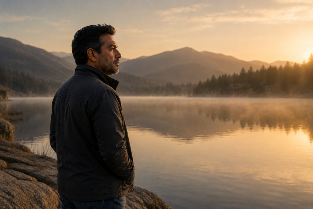 A middle-aged Indian man stands quietly beside a misty lake at sunrise, hands in his jacket pockets as he looks across the water toward distant mountains.