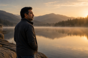 A middle-aged Indian man stands quietly beside a misty lake at sunrise, hands in his jacket pockets as he looks across the water toward distant mountains.