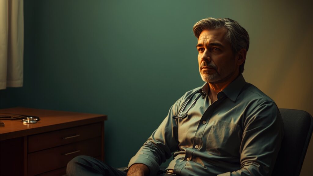 Man in a softly lit doctor's office, reflecting before a routine checkup