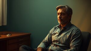 Man in a softly lit doctor's office, reflecting before a routine checkup