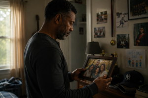 A middle-aged father stands in his child’s softly lit bedroom, holding and gazing at a framed family photo. The room is filled with personal touches—pictures on the wall, a “Best Dad” drawing, a medal, and a baseball cap—quiet reminders of the child who has just left for college. His expression is re