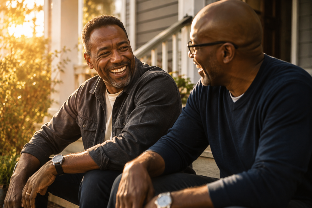Two Black men in their late 40s and 50s sit together on porch steps at golden hour, sharing a genuine laugh during a relaxed conversation between old friends.