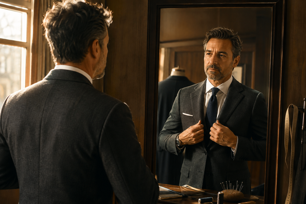 Editorial lifestyle photo, documentary style: a man in his late 40s in a tailor's fitting room, adjusting the lapel of a charcoal wool suit jacket in front of a full-length mirror. Warm late-afternoon window light, wood-paneled walls, tailor's chalk and pins on a nearby table. Shallow depth of field, natural skin texture, muted warm tones — charcoal, bronze-gold, deep navy. Looks like a real 50mm photograph, not an illustration. No text, no logos.