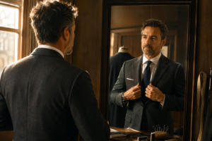 Editorial lifestyle photo, documentary style: a man in his late 40s in a tailor's fitting room, adjusting the lapel of a charcoal wool suit jacket in front of a full-length mirror. Warm late-afternoon window light, wood-paneled walls, tailor's chalk and pins on a nearby table. Shallow depth of field, natural skin texture, muted warm tones — charcoal, bronze-gold, deep navy. Looks like a real 50mm photograph, not an illustration. No text, no logos.