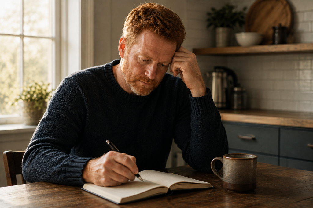 A red-haired man in his late 40s sits alone at a kitchen table in the morning, thoughtfully writing in an open notebook beside a coffee mug.