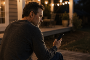A man in his late 40s sits alone on a porch at dusk, thoughtfully looking at his phone as warm string lights glow softly in the background.