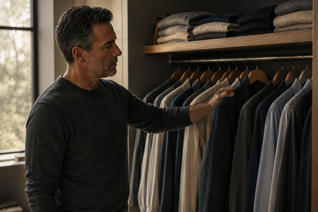 A man in his late 40s stands in a neatly organized closet, inspecting a charcoal jacket among suits and shirts as warm natural light fills the room.