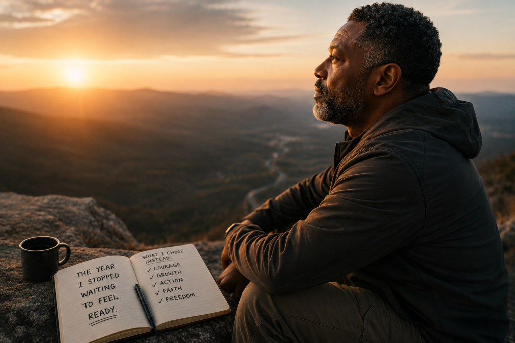Middle-aged Black man sitting on a mountain overlook at sunset, looking toward the horizon with a thoughtful expression, beside an open journal representing his decision to stop waiting and start taking action.