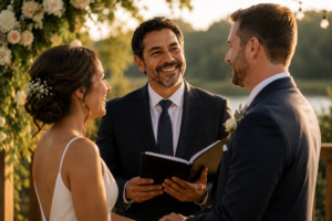 A middle-aged man officiates his best friend’s outdoor wedding as the groom and bride smile at each other beneath a floral arch in warm golden-hour light.