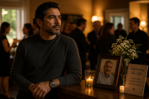 A middle-aged Latino man stands quietly at his father’s memorial gathering beside a framed portrait, candles, and flowers, reflecting on his father’s life as family and friends gather in the background.