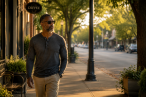 A middle-aged Black man with a salt-and-pepper beard and sunglasses walks along a quiet, tree-lined neighborhood street in the warm evening light, choosing to enjoy the simple act of walking instead of driving.